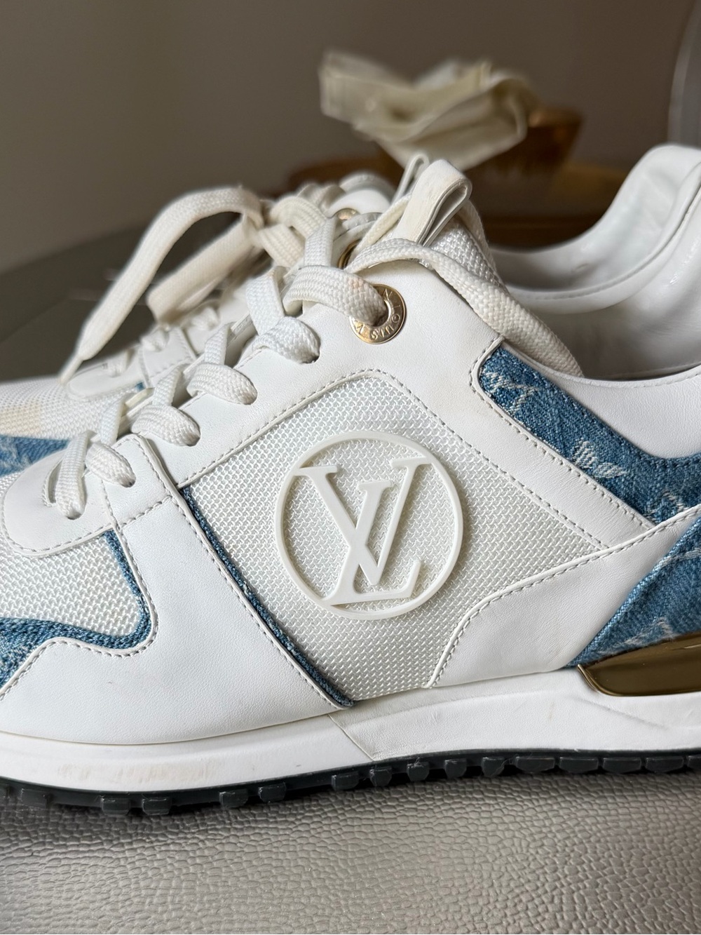 Louis Vuitton White & Blue Denim Sneakers with Gold Accents